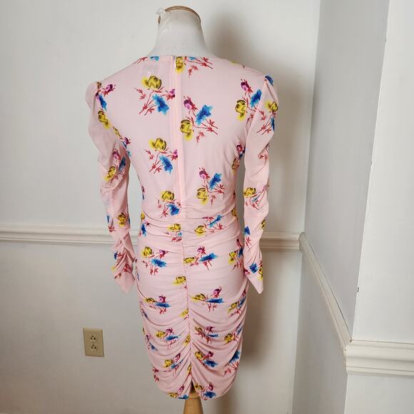 Ganni Dress Size 38 US 6 Womens Floral Pink Mesh Ruched Mini Bodycon Feminine - Picture 7 of 12